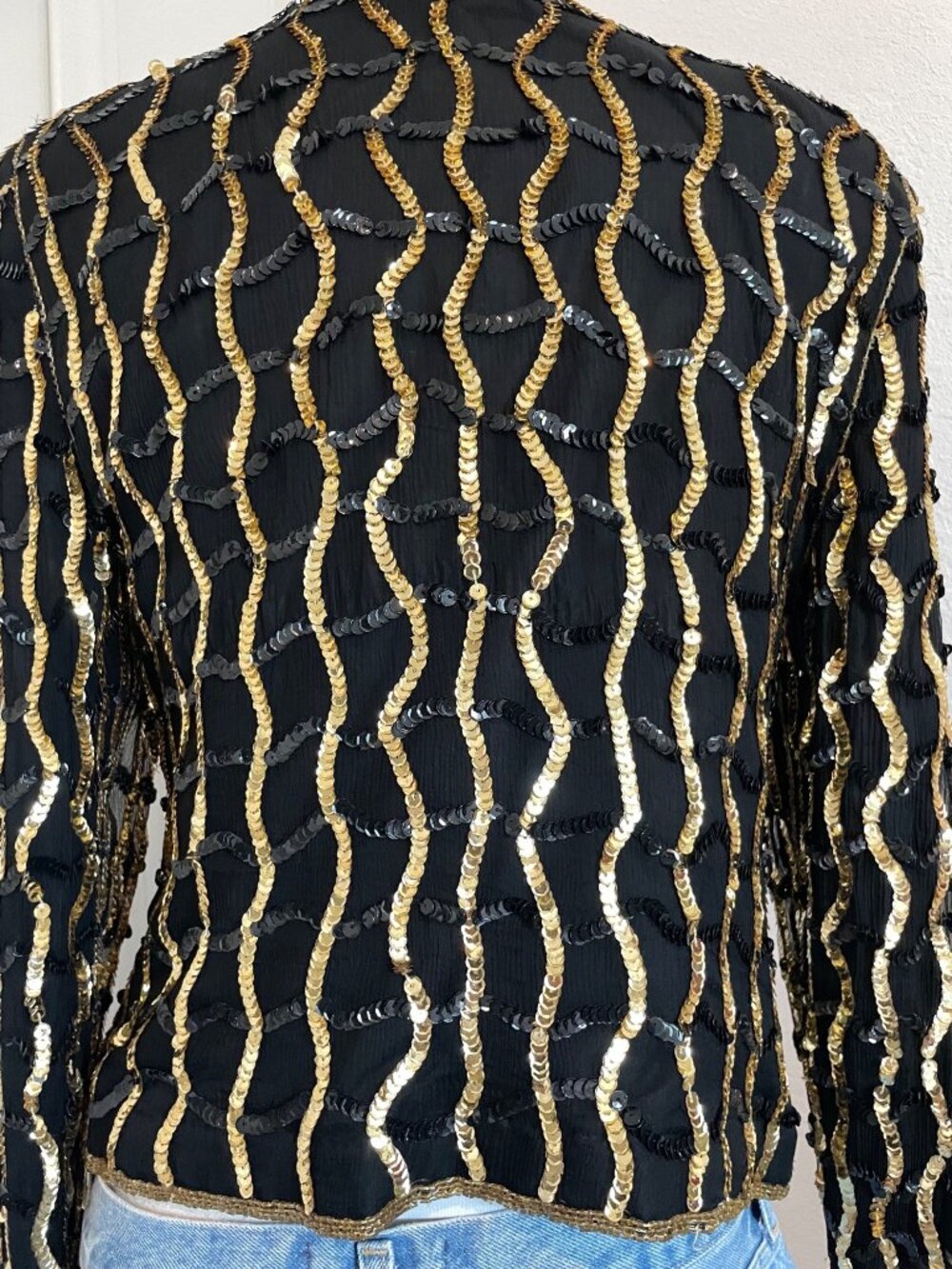 Vintage 1990s Nite Line Maximalist Black + Gold Silk Sequin Top Women’s Medium - Picture 12 of 16